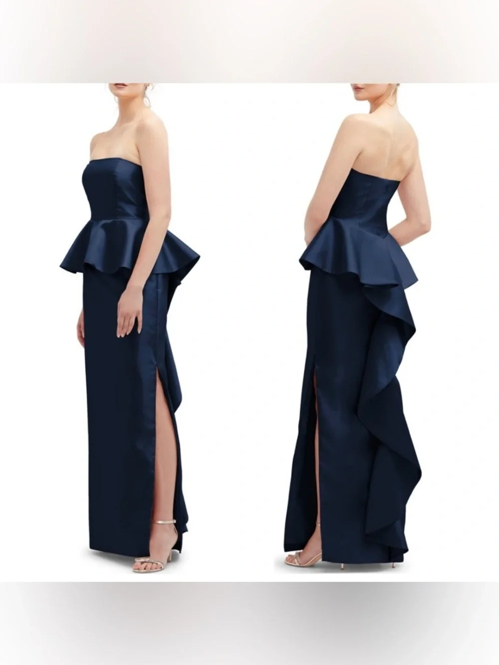 NWT Alfred Sung Strapless Ruffle Peplum Satin Column Gown in Midnight Navy, 2R - Picture 1 of 15